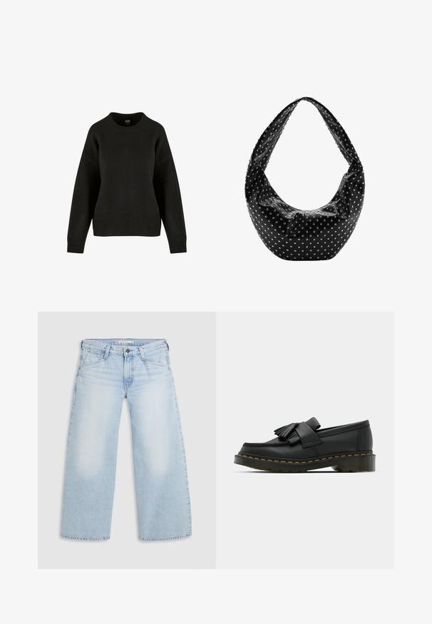 Suéter negro de punto con cuello redondo, hombros caídos y dobladillo acanalado. La tela tiene una textura suave y un corte holgado.; Jeans de pierna ancha en un suave tono azul, confeccionados en denim. Presentan corte recto, diseño de cinco bolsillos y un cierre de botón en la cintura.; Mocasines de cuero negro con punta redonda, que presentan un detalle de flecos y una banda decorativa en la parte frontal, montados sobre un tacón grueso.; Bolso de mano de cuero negro con una forma holgada, adornado con tachuelas plateadas y una correa ancha para el hombro. Textura suave con un diseño fruncido.