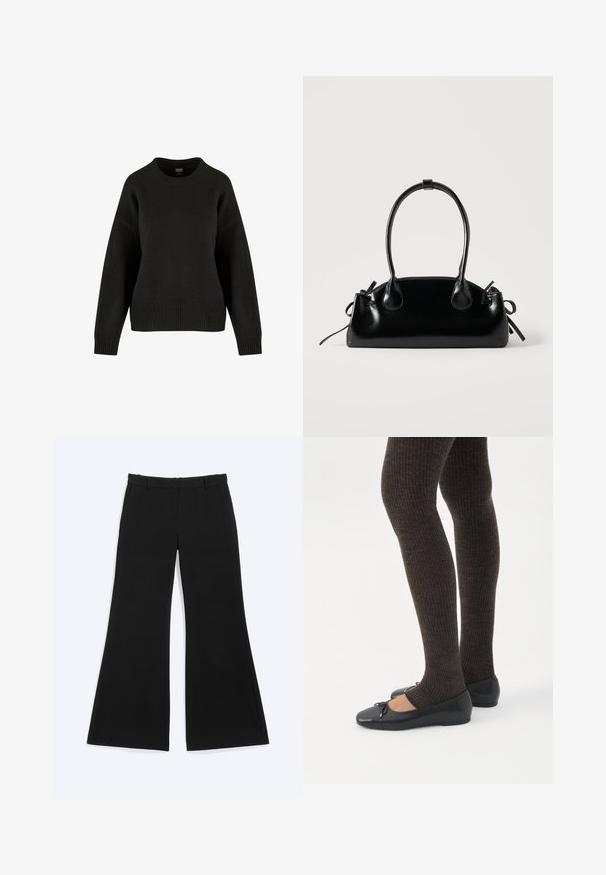 Pull en tricot noir avec un col rond, des épaules tombantes et un ourlet côtelé. Le tissu a une texture douce et une coupe décontractée.; Pantalon noir à larges jambes avec passants pour ceinture et poches latérales, présenté à plat sur un fond blanc.; Jambes portant des leggings côtelés foncés associés à des ballerines noires avec de petits détails en nœud sur fond blanc.; Petit sac à main noir brillant avec deux longues anses et des détails à cordon sur les côtés sur un fond clair uni.