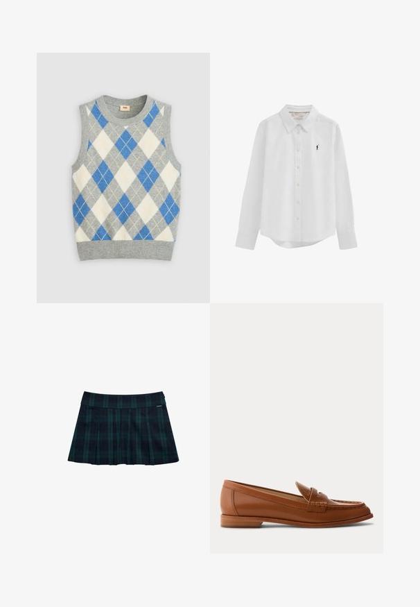 Grå ærmeløs sweater med et argyle mønster i blå, hvid og gul. Har en rund halsudskæring og ribbet kant. Fremstillet af blødt stof.; Hvid langærmet skjorte med knapper, krave og lille sort broderet polo-spillerlogo på venstre bryst.; Rynket nederdel med tern i mørkegrøn og marineblå med en glat talje og logo-accent. Har et klassisk, lagdelt rynkedesign.; Brun læderloafer med lavt træsål, klassisk penny-rem og syet detalje langs tå og sider.