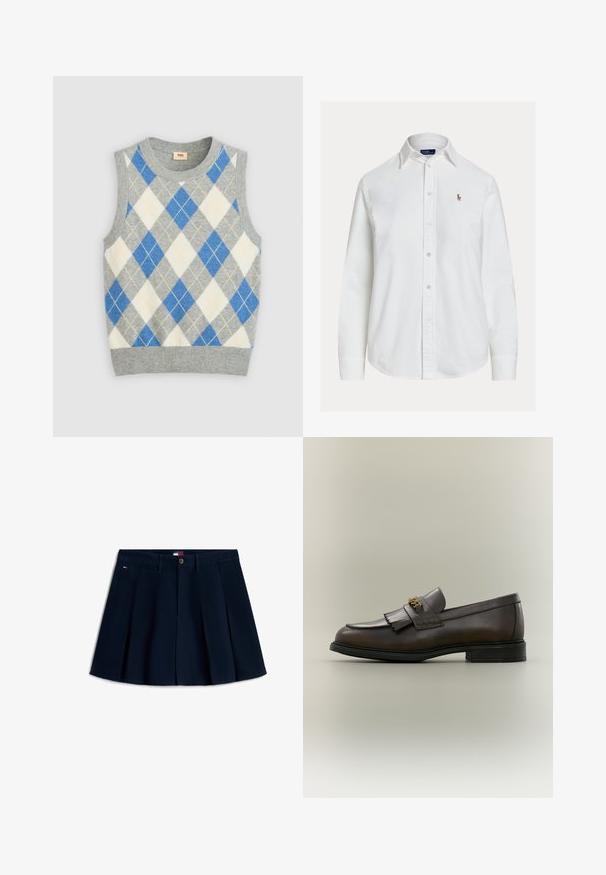 Grå ærmeløs sweater med et argyle mønster i blå, hvid og gul. Har en rund halsudskæring og ribbet kant. Fremstillet af blødt stof.; Hvid langærmet skjorte med knapper og krave samt lille broderet logo på venstre bryst, vist på ensfarvet baggrund.; Marineblå plisseret mininederdel med knapper foran og lynlås, bæltestropper, sidelommer og lille logo på venstre hofte.; Mørkebrun læderloafer med frynser og guldbeslag på sort sål, vist fra siden på en neutral baggrund.