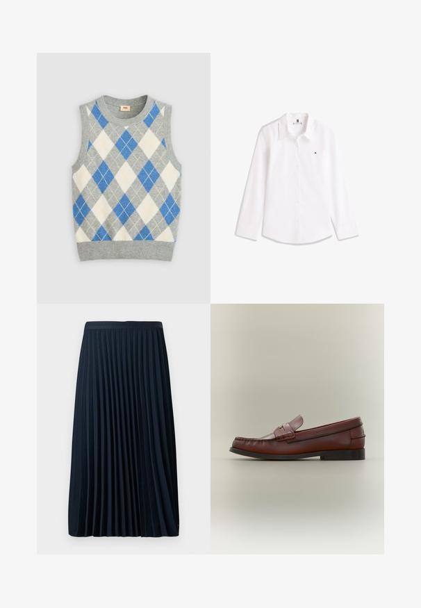 Grå ærmeløs sweater med et argyle mønster i blå, hvid og gul. Har en rund halsudskæring og ribbet kant. Fremstillet af blødt stof.; Hvid skjorte med lange ærmer, knapper, krave og lille broderet logo på venstre bryst.; Fryse navy nederdel med en struktureret talje, lavet af et glat stof, med jævnt fordelt lodrette frynser og en længde til midt på læggen.; Brun læderherresko med sort sål og dekorativ stropdetalje, vist i profil på en neutral baggrund.