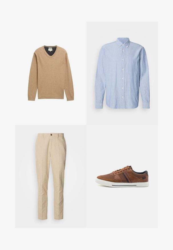 Suéter beige con cuello en V, hecho de un suave tejido de punto, que presenta mangas largas y un dobladillo acanalado. Sutil detalle del logo en el pecho.; Camisa de botones en azul claro con rayas blancas, que presenta un cuello clásico y mangas largas. Confeccionada en tejido tejido con una textura suave.; Pantalones beige con un sutil patrón a cuadros, con frente plano, piernas rectas y un solo botón marrón en la cintura.; Zapatillas de piel marrón con una textura suave, suela de goma blanca, acentos negros y costuras decorativas con franjas laterales.