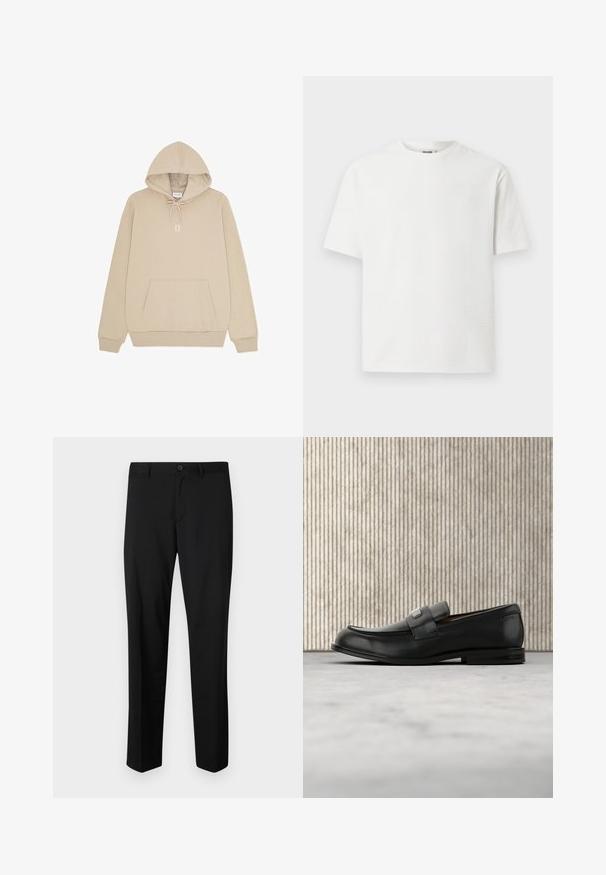 Beige hættetrøje med kængurulomme foran, snøre i hætten, ribbede manchetter og "II" trykt i hvid på brystet.; Hvid t-shirt med korte ærmer, der har et struktureret mønster, rund halsudskæring og afslappet pasform. Stof ser let og åndbart ud.; Sorte skræddersyede bukser med flad front, standard talje og lige ben. Lavet af glat stof, med en enkelt knaplukning.; Sort læderloafer med metalbrandskilt hvilende nær et brunt rundt bord på beige tæppe.