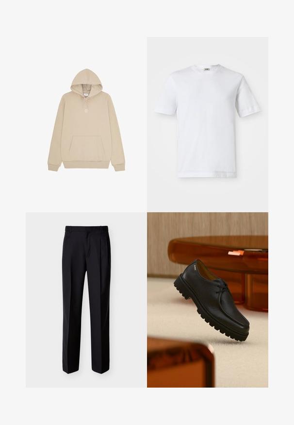 Sweat à capuche beige avec poche kangourou à l'avant, capuche à cordon, poignets côtelés et "II" imprimé en blanc sur la poitrine.; T-shirt en coton blanc à manches courtes, col rond et texture lisse. Aucun motif ni accent visible.; Pantalon noir ajusté à coupe droite, avec un devant plissé et des poches latérales. Confectionné dans un tissu lisse et léger à motif uni.; Chaussure à lacets en cuir noir texturé avec une semelle épaisse à rainures, marquée "HUGO" près du talon, présentée sur un tapis beige et un mobilier ambre.