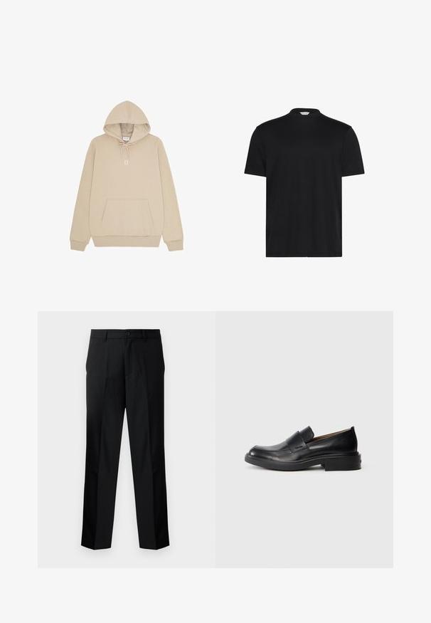 Beige hættetrøje med kængurulomme foran, snøre i hætten, ribbede manchetter og "II" trykt i hvid på brystet.; Sort T-shirt med en kort, høj halsudskæring. Fremstillet af blødt stof, den har korte ærmer og en afslappet pasform uden bemærkelsesværdige mønstre eller accenter.; Sorte skræddersyede bukser med lige snit, der har knaplukning, lynlås og bæltestropper. Glat stof med sidelommer.; Sorte læder slip-on dress sko med lav hæl og subtil Calvin Klein logo på siden, vist i profil på en hvid baggrund.