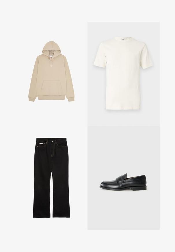 Beige hættetrøje med kængurulomme foran, snøre i hætten, ribbede manchetter og "II" trykt i hvid på brystet.; Lysebeige bomuld t-shirt med korte ærmer og rund halsudskæring. Har en glat tekstur og et enkelt design uden mønstre eller accenter.; Sorte jeans med lige ben, orange syning, fem lommer, knaplukning og et lille Calvin Klein-mærke på den forreste højre lomme.; Sorte læder loafers med rund tå, syet detaljer og en flad gummisål. Har en bred rem over vristen.