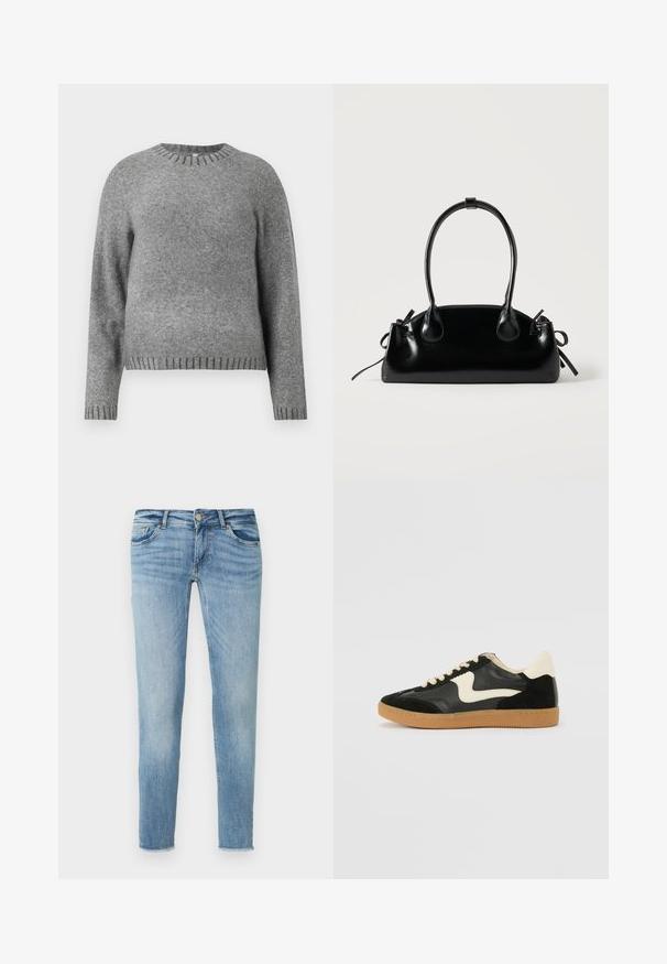 Pull en tricot gris avec un col rond, des manches longues et des accents côtelés aux poignets et à l'ourlet. Texture douce avec une coupe légèrement ample.; Jean en denim bleu clair à coupe slim, avec cinq poches, fermeture par bouton et légère décoloration. L'ourlet est légèrement effiloché.; Baskets en daim et cuir noir avec un swoosh latéral crème et un talon crème clair. Dotées de lacets beige et d'une semelle en caoutchouc gomme.; Petit sac à main noir brillant avec deux longues anses et des détails à cordon sur les côtés sur un fond clair uni.
