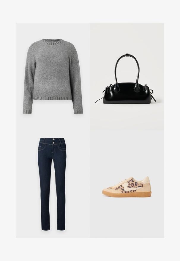 Grijze gebreide trui met een ronde hals, lange mouwen en geribde accenten bij de manchetten en de zoom. Zachte textuur met een iets losser pasvorm.; Donker gewassen denim jeans met een slim fit, voorzien van een dubbele knoopsluiting, voorzakken en contrasterende stiksels.; Luipaardprint sneakers met een beige suède bovenkant, tan rubberen zool en witte accenten. Ronde neus en vetersluiting met een gestructureerde afwerking.; Kleine zwarte glanzende handtas met twee lange hengsels en zijkant trekkoord details op een effen lichte achtergrond.