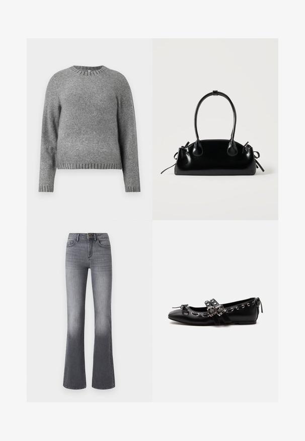 Grijze gebreide trui met een ronde hals, lange mouwen en geribde accenten bij de manchetten en de zoom. Zachte textuur met een iets losser pasvorm.; High-waisted flared jeans in donkergrijze denim, met voorzakken, een knoopsluiting en subtiele vervaging naar de zoom toe.; Zwarte platte balletschoen met dubbele gespsluitingen, zilveren oogjes en een klein strikje nabij de afgeronde neus op een witte achtergrond.; Kleine zwarte glanzende handtas met twee lange hengsels en zijkant trekkoord details op een effen lichte achtergrond.
