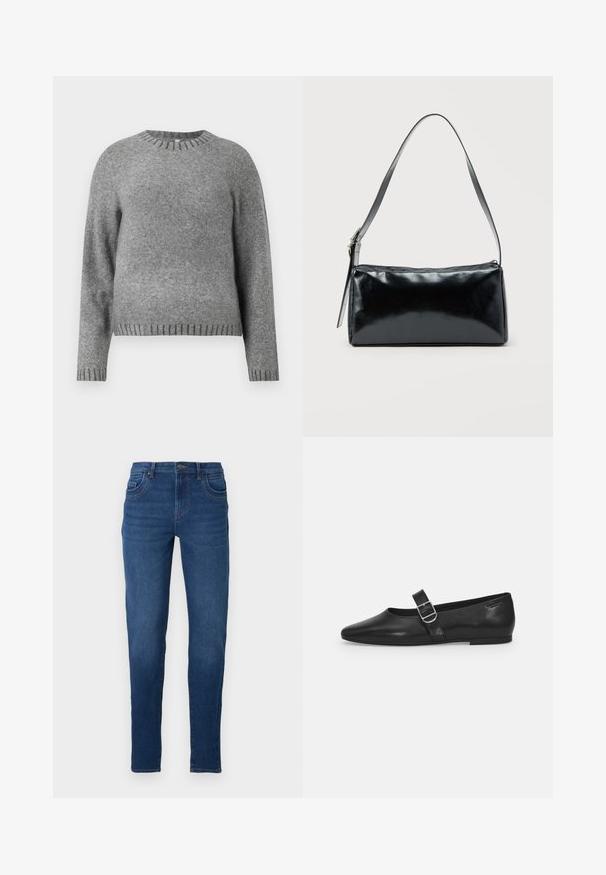 Pull en tricot gris avec un col rond, des manches longues et des accents côtelés aux poignets et à l'ourlet. Texture douce avec une coupe légèrement ample.; Jeans en denim bleu foncé avec une coupe slim, dotés de cinq poches, passants de ceinture et d'une fermeture éclair avec un bouton. Texture lisse.; Chaussure plate en cuir noir avec un bout arrondi, une seule sangle réglable à boucle et une texture lisse et brillante. Design minimaliste avec un petit talon.; Sac d'épaule rectangulaire noir avec une sangle réglable unique et une fermeture éclair supérieure sur un fond uni.