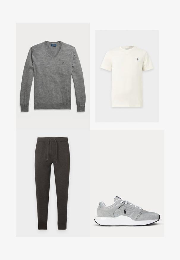 Grå v-hals sweater lavet af strikket stof. Har lange ærmer, ribbede manchetter og kant, samt et lille logo på venstre bryst.; Hvid T-shirt med korte ærmer og rund hals med lille mørkt logo af en hest og rytter på venstre bryst.; Mørkegrå joggingbukser lavet af blødt materiale, med elastisk talje med snor, tilspidsede ben og manchetter ved anklerne.; Grå og hvid atletiksko med mesh- og ruskindspaneler, hvide snørebånd og et sort logo på siden, vist på en ensfarvet baggrund.