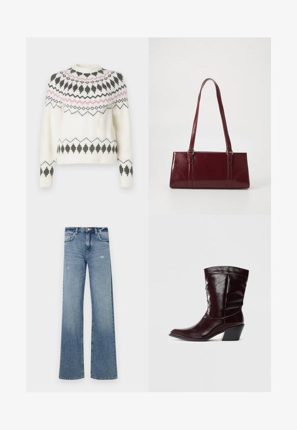 Pull en tricot blanc avec des motifs géométriques noirs et roses sur la poitrine, les manches et l'ourlet, présentant un col rond et des poignets côtelés.; Jean en denim bleu clair avec une taille haute, une coupe large, un léger effet usé et une structure classique à cinq poches.; Bottines en cuir bourgogne avec un bout pointu, une surface texturée et un petit talon effilé. Présente une couture discrète et un ajustement confortable.; Sac à main bordeaux en matériau brillant, de forme rectangulaire, avec deux anses et des accents légèrement courbés à l'avant.