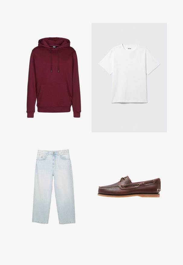 Bordeaux hættetrøje med frontlomme, snøre i hætten, ribstrikkede manchetter og kant, vist på hvid baggrund.; Hvid kortærmet crewneck T-shirt lagt fladt ud, ensfarvet design, med "WEEKDAY" mærkat inde i kraven på en lys baggrund.; Lysblå højtaljede straight-leg jeans med frontknap, lommer og lille mærket metalmærke på den højre forlommer.; Brun læder bådsko med hvide sømme, snøre detaljer og lysbrun gummisål, vist fra siden på hvid baggrund.