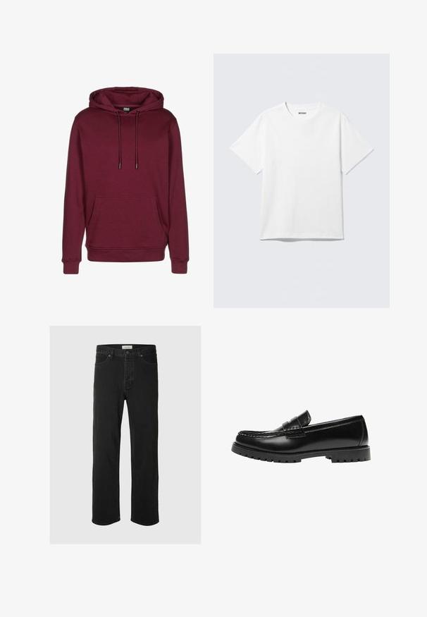 Bordeauxrode hoodie met voorzak, trekkoord capuchon, geribde boordjes en zoom, afgebeeld op een witte achtergrond.; Witte T-shirt met korte mouwen en ronde hals, plat gelegd, effen ontwerp, met een "WEEKDAY" label in de kraag op een lichte achtergrond.; Zwarte denim rechte jeans hebben een klassiek vijf-pocket ontwerp met knoopsluiting, minimale stiksels en een zachte textuur.; Zwarte leren loafer met een dikke rubberen zool en klassieke penny-strap details, gezien vanaf de buitenkant.
