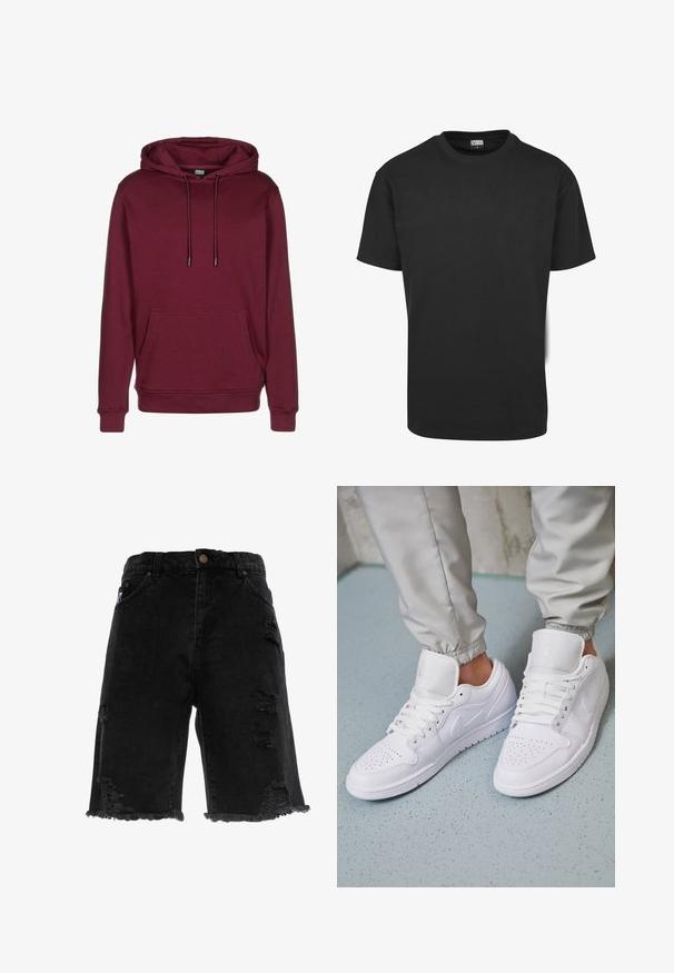 Bordeauxfarbener Hoodie mit Fronttasche, Kordelzugkapuze, gerippten Bündchen und Saum, abgebildet auf weißem Hintergrund.; Schwarzes Baumwoll-T-Shirt mit kurzen Ärmeln, rundem Ausschnitt und normaler Passform. Der Stoff wirkt glatt und unverziert.; Schwarze Jeansshorts mit fransigem Saum, ausgestattet mit ausgefransten Rissen und geradem Schnitt. Beinhaltet traditionelle Fronttaschen und einen Metallknopf.; Weiße Ledersneaker mit perforierter Zehenbox, flachen Schnürsenkeln, gepolstertem Kragen und dem Jordan-Logo auf der Zunge. Getragen mit grauen Jogginghosen.