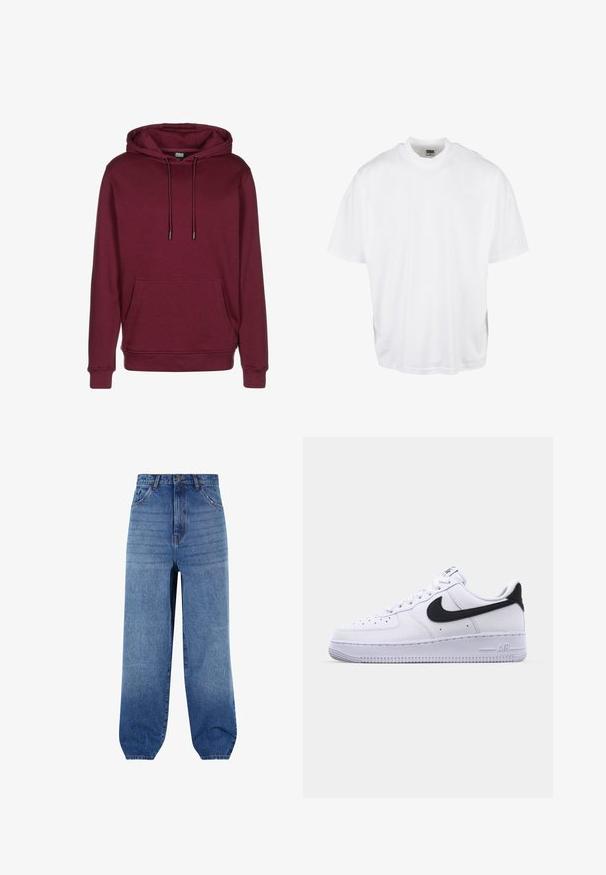 Bordeauxrode hoodie met voorzak, trekkoord capuchon, geribde boordjes en zoom, afgebeeld op een witte achtergrond.; Witte katoenen t-shirt met een relaxte pasvorm, korte mouwen en een ronde halslijn, met een rechte zoom en geen zichtbare grafische afbeeldingen of patronen.; Lichtblauwe denim jeans met een hoge taille, een losse pasvorm en taps toelopende boorden. Voorzien van vijf zakken en subtiele vervaging aan de voorkant.; Witte leren sneaker met een gestructureerde zwarte Swoosh, platte veters en een rubberen zool met een geribbeld patroon. "AIR" is in de hak geperst.