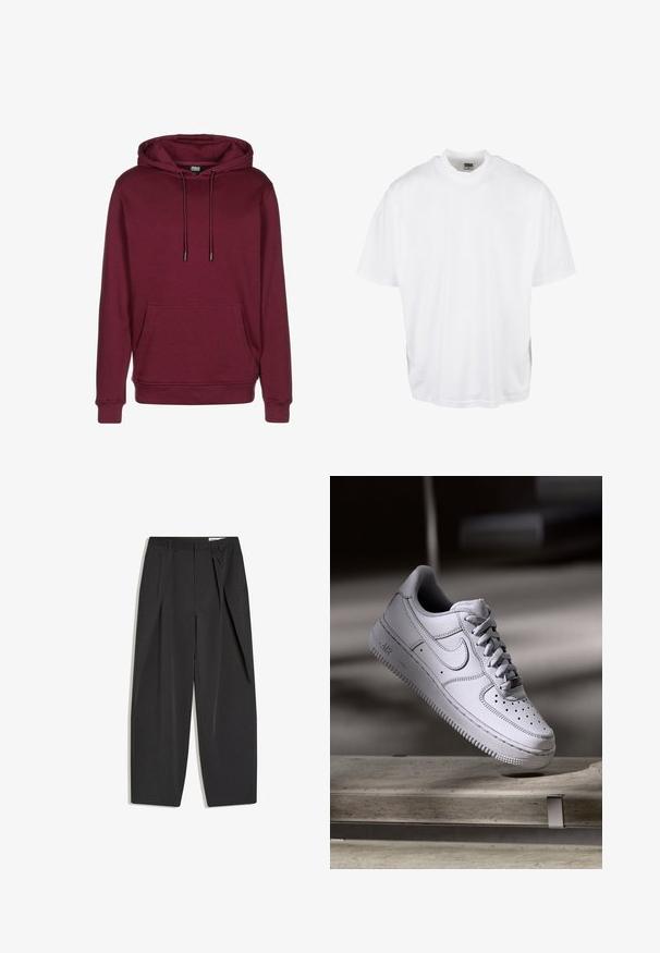 Bordeauxfarbener Hoodie mit Fronttasche, Kordelzugkapuze, gerippten Bündchen und Saum, abgebildet auf weißem Hintergrund.; Weißes Baumwoll-T-Shirt mit lockerer Passform, kurzen Ärmeln und rundem Halsausschnitt, mit geradem Saum und ohne sichtbare Grafiken oder Muster.; Schwarze, maßgeschneiderte, hoch taillierte Hose mit Bügelfalten, Gürtelschlaufen und geradem Bein, flach auf weißem Hintergrund dargestellt.; Weißer Nike Air Force 1 Sneaker aus Leder mit perforierter Zehenpartie, flachen Schnürsenkeln und strukturierter Gummisohle mit "AIR"-Branding an der Seite.