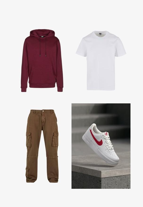 Bordeauxfarbener Hoodie mit Fronttasche, Kordelzugkapuze, gerippten Bündchen und Saum, abgebildet auf weißem Hintergrund.; Weißes Baumwoll-T-Shirt mit rundem Ausschnitt, kurzen Ärmeln und lockerer Passform. Glatte Textur ohne sichtbare Muster oder Akzente.; Braune Cargo-Hosen verfügen über eine lockere Passform, mehrere Seitentaschen und einen strapazierfähigen Stoff mit subtiler Textur. Sie werden mit einem Knopf und einem Reißverschluss geschlossen.; Weißer Nike Air Force 1 Sneaker mit rotem Swoosh-Logo, der über einer Betonbrüstung und Treppen im Hintergrund schwebt.