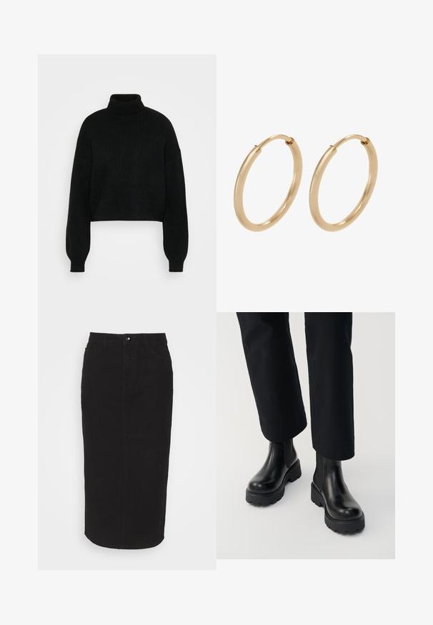 Sort cropped sweater med høj krave, ribbet tekstur og brede ærmer. Lavet af blødt strikmateriale. Simpelt design uden mønstre.; Sort denim midi-nederdel med lige skæring, der har forreste lommer, knaplukning og diskrete syningsdetaljer. Glat tekstur.; Person iført sorte læderankelstøvler med chunky sål kombineret med sorte straight-leg bukser på hvid baggrund.; Guldøreringe med en glat, poleret overflade. Rund form, mellemstor, med en sikker lukkemekanisme.