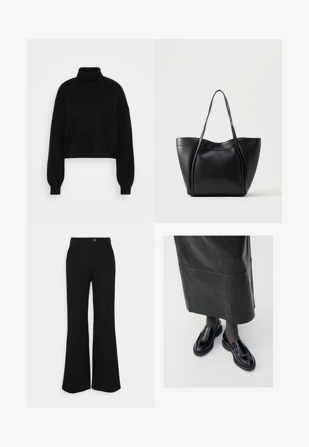 Pull en laine noir court avec col roulé haut, texture côtelée et manches larges. Fabriqué en matière tricot douce. Design simple sans motifs.; Pantalons évasés noirs en tissu extensible, dotés d'une fermeture à bouton à l'avant et de passants de ceinture. Texture lisse avec une couleur uniforme.; Mocassins en cuir noir avec une finition lisse, ornés d'une bande décorative, à bout rond et avec une semelle texturée. Portés avec une longue jupe en cuir noir.; Sac cabas en cuir noir avec deux longues anses et un bord supérieur légèrement incurvé, présenté sur un fond clair uni.