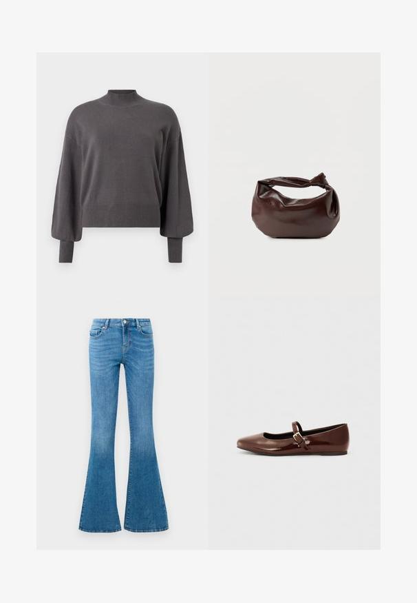 Pull gris en maille avec col montant et manches larges. Comprend des poignets et un ourlet côtelés, avec une texture douce et une coupe décontractée.; Jean flare en denim bleu avec une taille mi-haute, comportant cinq poches, un bouton standard et un léger délavage pour la texture.; Ballerine en cuir verni marron avec un bout carré et une lanière ornée d'une petite boucle dorée. Texture lisse, talon bas et design minimaliste.; Sac bandoulière en cuir marron foncé avec une forme souple et décontractée et une anse nouée torsadée sur un fond blanc uni.