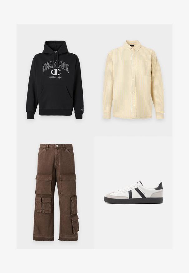Sort hætte sweatshirt lavet af bomuld, med en frontlomme, snøre og hvidt trykt "CHAMPION" logo med accenter på brystet.; Gul og lyseblå stribet skjorte med knapper, krave, lange ærmer og en enkelt brystlomme. Bomuldsmateriale, blød tekstur.; Brune cargo bukser med løs pasform, flere sidelommer og frayed kantdesign. Lavet af robust, struktureret stof for holdbarhed.; Hvide sneakers med sorte og grå detaljer, med en tekstureret grå tåhætte, sort gummisål og flade hvide snørebånd. Rent design, minimalistisk stil.