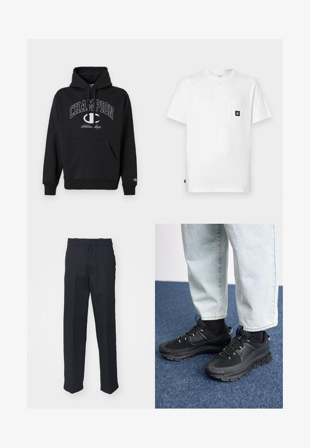 Sweatshirt à capuche noire en coton, avec une poche frontale, des cordons de serrage et un logo "CHAMPION" imprimé en blanc avec des accents sur la poitrine.; T-shirt en coton blanc avec encolure ronde, manches courtes et une poche poitrine ornée d'un patch logo noir. Texture lisse, coupe décontractée.; Pantalons noirs sur mesure avec une coupe droite, en tissu lisse, dotés d'une taille avec passants et sans motifs ni pièces métalliques visibles.; Des chaussures de sport noires avec un tissu texturé et des semelles en caoutchouc, dotées de lacets élastiques et d'un accent bleu au talon. Portées avec un pantalon en denim clair.