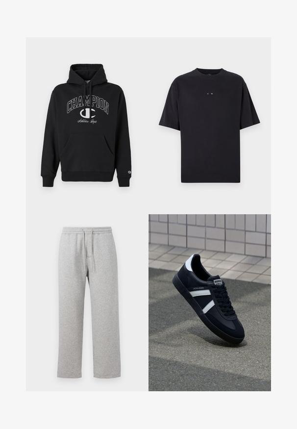 Sort hætte sweatshirt lavet af bomuld, med en frontlomme, snøre og hvidt trykt "CHAMPION" logo med accenter på brystet.; Oakley RISE TEE - T-shirts basic - blackout; Grå bomulds sweatpants med elastisk talje og snoretræk. Lige ben med syede kanter og ingen lommer.; Sort lædersneaker med hvide striber, tekstureret gummisål og snørrebånd foran. Har et brandet mærke på tungen.