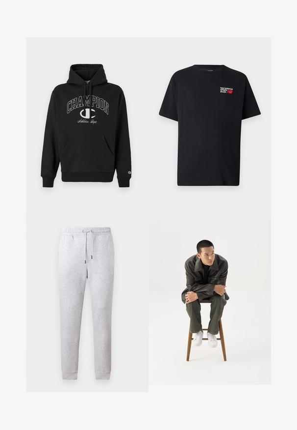 Sort hætte sweatshirt lavet af bomuld, med en frontlomme, snøre og hvidt trykt "CHAMPION" logo med accenter på brystet.; Sort bomulds T-shirt med rund halsudskæring. Har et lille rødt og hvidt "New Balance" logo og tekst på den øverste venstre brystområde.; Grå sweatpants i blødt bomuldsblandingsmateriale. Har en elastisk talje med snørebånd og smalle cuffe. Glat tekstur, ingen mønstre.; Ung mand i mørk læderjakke og jeans sidder på en træskammel, læner sig fremad med armene krydset og kigger til siden mod hvid baggrund.