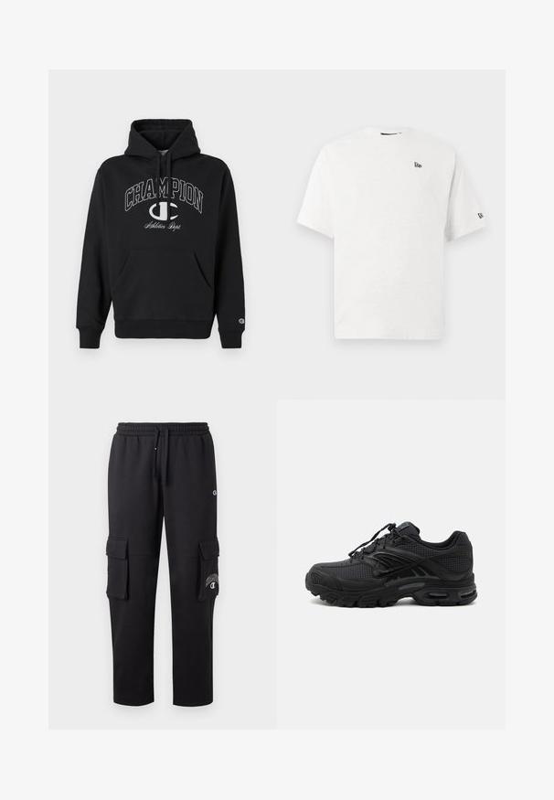 Sort hætte sweatshirt lavet af bomuld, med en frontlomme, snøre og hvidt trykt "CHAMPION" logo med accenter på brystet.; Hvid bomulds t-shirt med korte ærmer, rund hals og et lille sort logo på venstre bryst og højre ærme.; Sorte cargo bukser lavet af blødt stof, med to sidelommer, en elastisk talje og en logo detalje på venstre ben.; Sort atletisk sneaker med tekstureret stof, tyk polstret sål, luftventiler og snørelukning, vist fra siden på en lys baggrund.