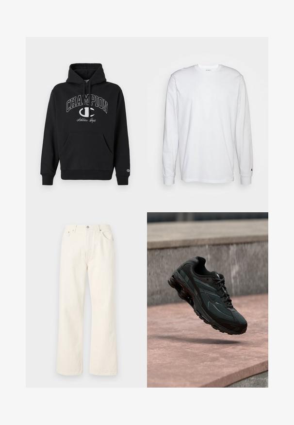 Sort hætte sweatshirt lavet af bomuld, med en frontlomme, snøre og hvidt trykt "CHAMPION" logo med accenter på brystet.; Hvid langærmet T-shirt lavet af bomuld. Rund halsudskæring med ribbede manchetter og et lille logo på venstre ærme. Glat tekstur.; Cremefarvede brede jeans lavet af denim, med et standard fem-lomme design og en metalknaplukning i taljen.; Sort atletisk sneaker med synligt luftdæmpende mellemsål, der svæver over en pink stenoverflade med en grå stenvæg i baggrunden.