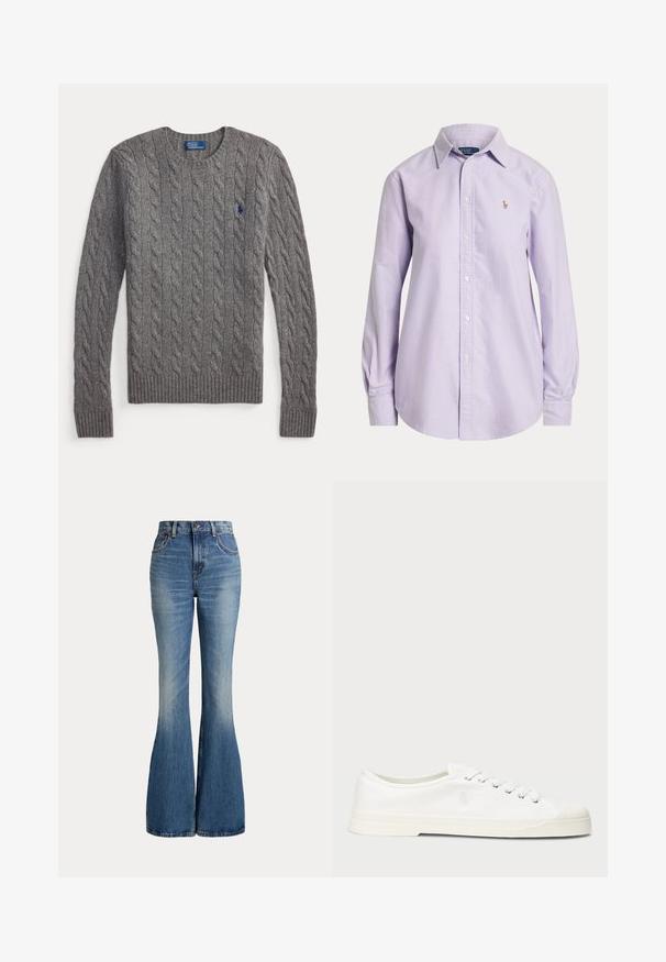 Pull gris à manches longues en maille torsadée avec poignets et ourlet côtelés, encolure ronde, et petit logo bleu de joueur de polo sur la poitrine.; Chemise mauve clair à manches longues, boutonnée, avec col et petit logo brodé sur la poitrine gauche.; Jean en denim bleu taille haute avec jambes évasées et légère décoloration sur la partie avant des cuisses, présenté sur fond blanc.; Sneaker en toile blanche avec un bout rond, fermeture lacée et un détail de logo discret. Caractéristiques d'un tissu texturé et d'une semelle en caoutchouc.