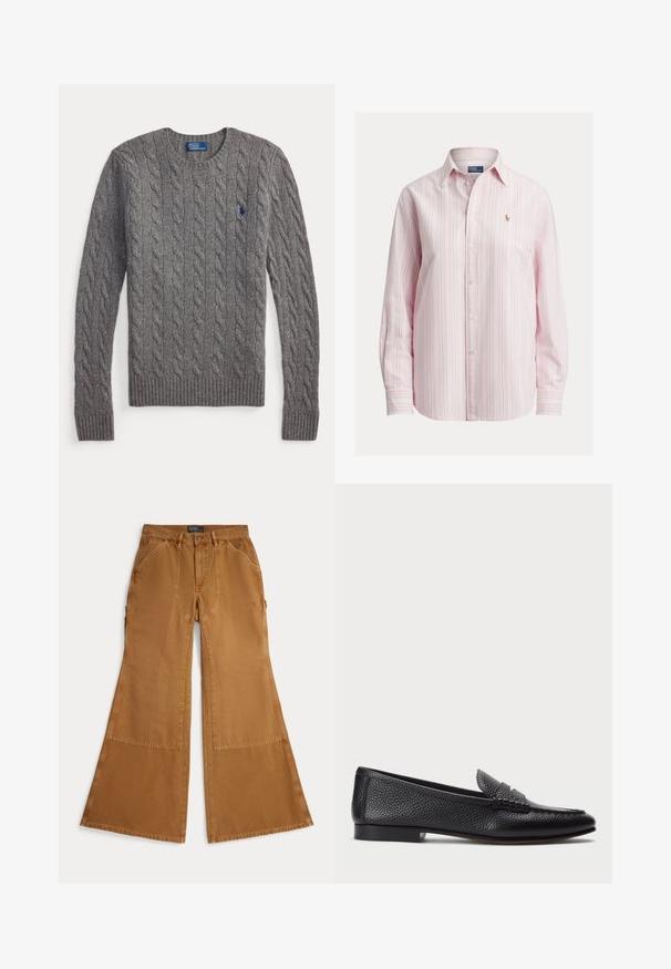 Pull gris à manches longues en maille torsadée avec poignets et ourlet côtelés, encolure ronde, et petit logo bleu de joueur de polo sur la poitrine.; Chemise à manches longues avec boutons, de couleur rose clair avec des rayures blanches et bleues, présentant un petit logo brodé sur la poitrine, fabriquée en tissu de coton.; Pantalon marron à jambes larges en coton avec détails en patch, fermeture à boutons et poches avant inclinées. Texture lisse, design décontracté.; Mocassin en cuir noir avec une finition texturée, doté d'une sangle décorative et d'un talon plat. Design épuré et minimal avec un bout arrondi.