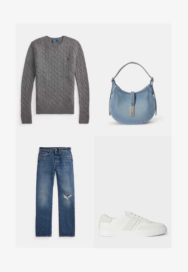 Pull gris à manches longues en maille torsadée avec poignets et ourlet côtelés, encolure ronde, et petit logo bleu de joueur de polo sur la poitrine.; Jean en denim bleu avec une taille mi-haute, cinq poches et une déchirure effilochée au genou droit.; Basket blanche avec une tige en cuir lisse, des accents en suède et des lacets plats. Dispose d'une semelle en caoutchouc texturée et d'un design minimaliste.; Sac à épaule en denim bleu clair avec une forme courbée, une seule bandoulière et un fermoir argenté avec un petit logo cavalier au centre avant.