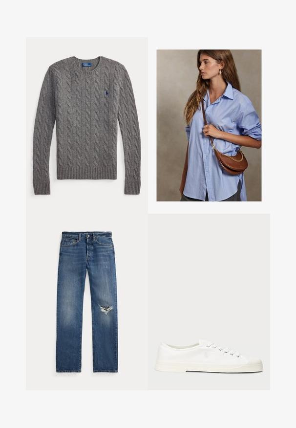 Pull gris à manches longues en maille torsadée avec poignets et ourlet côtelés, encolure ronde, et petit logo bleu de joueur de polo sur la poitrine.; Jean en denim bleu avec une taille mi-haute, cinq poches et une déchirure effilochée au genou droit.; Sneaker en toile blanche avec un bout rond, fermeture lacée et un détail de logo discret. Caractéristiques d'un tissu texturé et d'une semelle en caoutchouc.; Jeune femme aux longs cheveux bruns portant une chemise bleu clair ample et tenant un sac bandoulière en cuir marron avec une chaîne dorée.