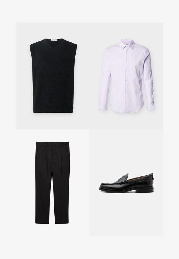 Μαύρο αμάνικο πουλόβερ V-neck από μαλακό υλικό, με καθαρή, απλή γραμμή χωρίς επιπλέον αξεσουάρ ή σχέδια.; Φόρεμα μακρυμάνικο σε ανοιχτό μωβ χρώμα από βαμβάκι, με κουμπιά μπροστά, μυτερό γιακά και μικρό λογότυπο στο στήθος.; Μαύροι επίσημοι ανδρικοί παντελόνες με μπροστινές τσέπες, θηλιές για ζώνη, κούμπωμα με κουμπί και ίσια γραμμή ποδιού.; Μαύρο δερμάτινο ανδρικό μοκασίνι με ραφή moc toe, λουράκι penny, υφασμένο γιακά και χαμηλό συστοιχισμένο τακούνι σε λευκό φόντο.