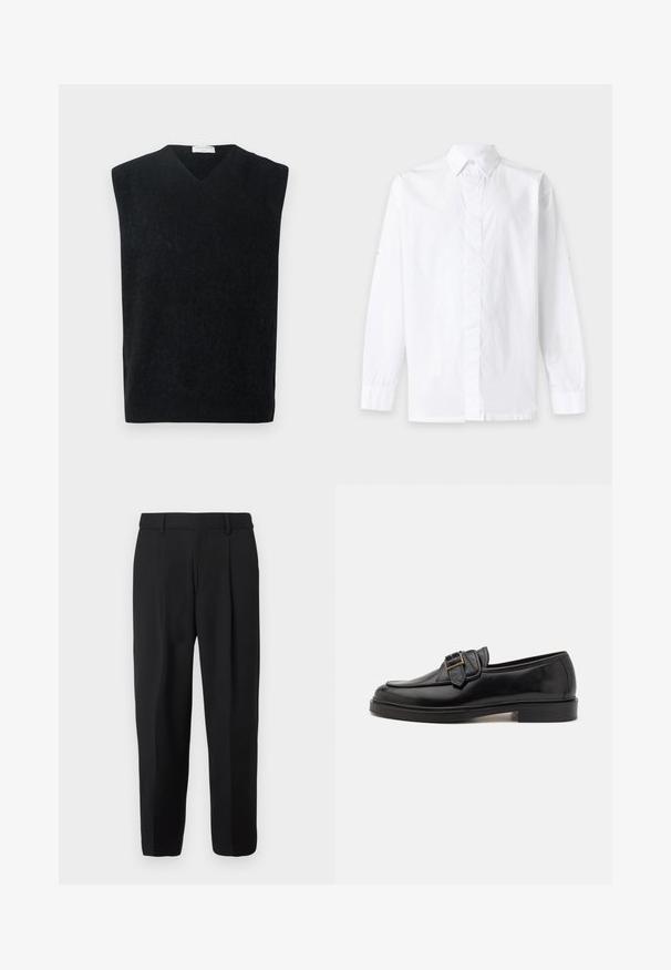 Pull noir sans manches en V en matière douce, avec une coupe épurée et simple, sans accents ni motifs supplémentaires.; Chemise blanche à manches longues boutonnée avec un col classique, présentée sur un fond clair uni.; Pantalon noir à jambe droite, confectionné en tissu tissé, avec devant plat, passants pour ceinture et deux poches latérales.; Mocassins en cuir noir avec un bout arrondi et une boucle décorative. Talon plat, solide et texture lisse sur l'ensemble.