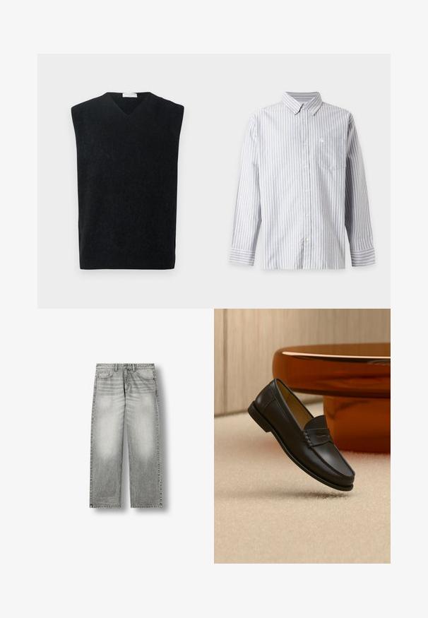 Sort ærmeløs V-hals sweater lavet af blødt materiale, med en ren, simpel skæring uden yderligere accenter eller mønstre.; Langærmet skjorte med knapper, grå og hvide lodrette striber, brystlomme og knaplukket krave.; Gråblegede straight-leg jeans med forlommer, bæltestropper og knaplukning på hvid baggrund.; Sort læder loafer-sko hængende over beige tæppe med ravfarvet moderne møblement i baggrunden.