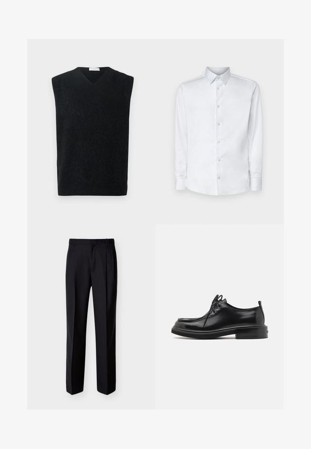 Pull noir sans manches en V en matière douce, avec une coupe épurée et simple, sans accents ni motifs supplémentaires.; Chemise blanche à manches longues en tissu lisse, dotée d'un col classique, d'une patte de boutonnage et de poignets avec boutons, présentée sur un fond uni.; Pantalon noir ajusté à coupe droite, avec un devant plissé et des poches latérales. Confectionné dans un tissu lisse et léger à motif uni.; Calvin Klein LACE UP APRON BRUSH OFF - Derbies - black