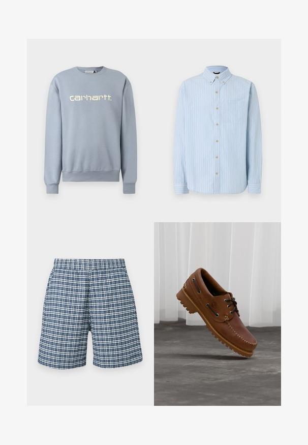 Sweatshirt Carhartt bleu clair à col rond, manches longues avec poignets et ourlet côtelés, arborant le nom de la marque brodé en blanc sur la poitrine.; Chemise bleu clair à manches longues avec rayures verticales blanches, bleues et beiges, col à boutons, poche poitrine et boutons beiges.; Shorts à carreaux bleus et blancs avec une taille élastique et une coupe droite, présentés sur un fond uni.; Chaussure de bateau en cuir marron avec des lacets noirs, des coutures beiges et une semelle robuste, suspendue au-dessus d'un sol en béton gris.