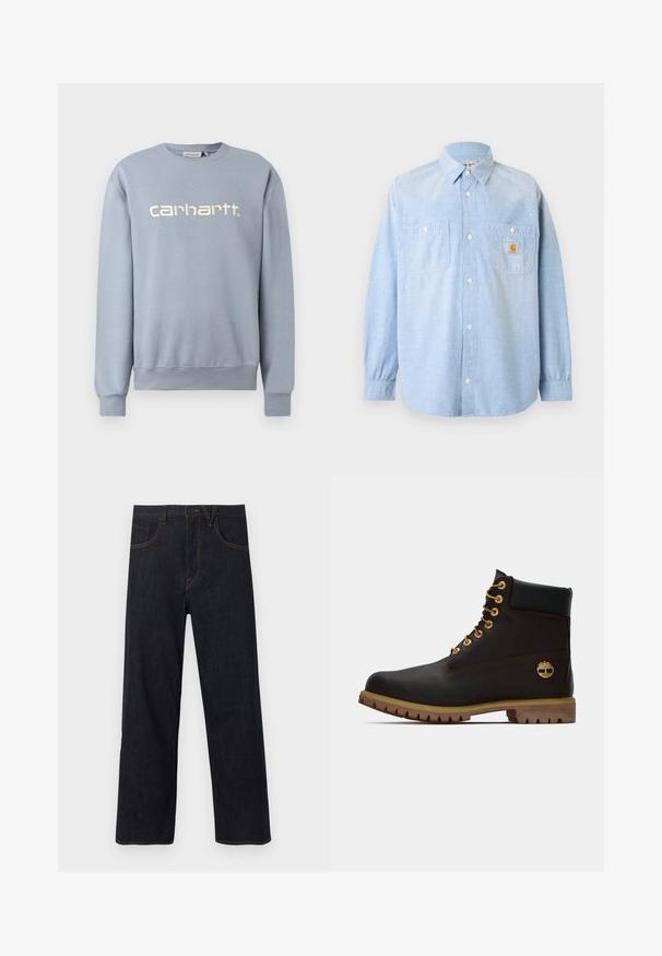 Ανοιχτό μπλε φούτερ Carhartt με στρογγυλή λαιμόκοψη, μακριά μανίκια και ριμπ μανσέτες και τελείωμα, με το λευκό κεντημένο όνομα της μάρκας στο στήθος.; Ανοιχτό μπλε πουκάμισο με μακριά μανίκια και κουμπιά, με δύο μπροστινές τσέπες, η μία με λογότυπο Carhartt και διακριτικές λευκές πιτσιλιές.; Μαύρο-μπλε τζιν παντελόνι με ίσια γραμμή, με κουμπί και φερμουάρ στο μπροστινό μέρος, διαθέτει τσέπες και πορτοκαλί αντίθετη ραφή.; Μαύρη δερμάτινη αστράγαλοι μποτάκι με χρυσά μάτια, καφέ λεπτομέρειες και ελαστική σόλα. Διαθέτει επενδεδυμένο κολάρο και ανάγλυφο λογότυπο στη πλευρά.