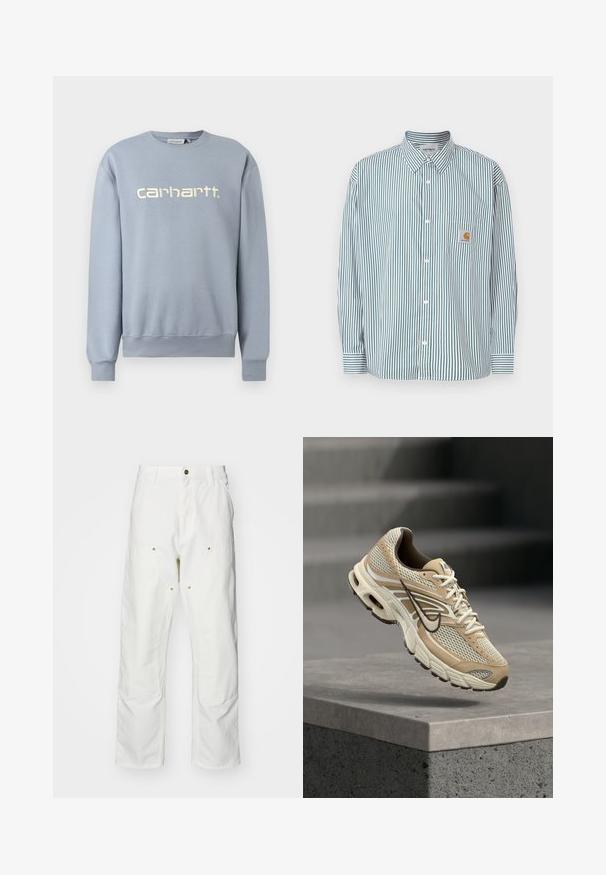 Sweatshirt Carhartt bleu clair à col rond, manches longues avec poignets et ourlet côtelés, arborant le nom de la marque brodé en blanc sur la poitrine.; Chemise rayée vert et blanc, dotée d'un col boutonné, de manches longues, d'une poche avant et d'une petite étiquette logo.; Pantalons cargo en coton blanc avec une coupe décontractée. Les caractéristiques incluent des poches avant, des accents en métal doré et des sections de genoux renforcées.; Chaussure de running Nike beige et blanche avec panneaux en mesh et swoosh noir, flottant au-dessus d'un rebord en béton avec des escaliers flous en arrière-plan.
