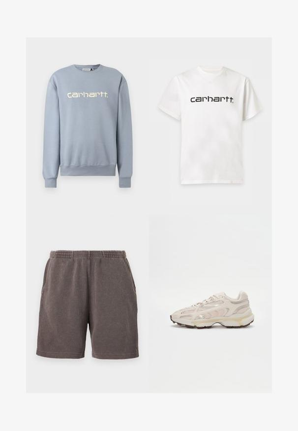 Ανοιχτό μπλε φούτερ Carhartt με στρογγυλή λαιμόκοψη, μακριά μανίκια και ριμπ μανσέτες και τελείωμα, με το λευκό κεντημένο όνομα της μάρκας στο στήθος.; Άσπρο κοντομάνικο T-shirt με μαύρο λογότυπο "carhartt" στο κέντρο του στήθους, απεικονίζεται σε ένα απλό ανοιχτό φόντο.; Καφέ casual σορτς με ελαστική μέση και πλαϊνές τσέπες, κατασκευασμένα από μαλακό ύφασμα, απλωμένα σε απλό φόντο.; Αθλητικά παπούτσια σε ανοιχτό μπεζ χρώμα με επάνω μέρος από δίχτυ, υφασμάτινες λεπτομέρειες και χρυσές λεπτομέρειες. Διαθέτουν παχύ λευκό μεσαίο πέλμα και καουτσούκ σόλα.