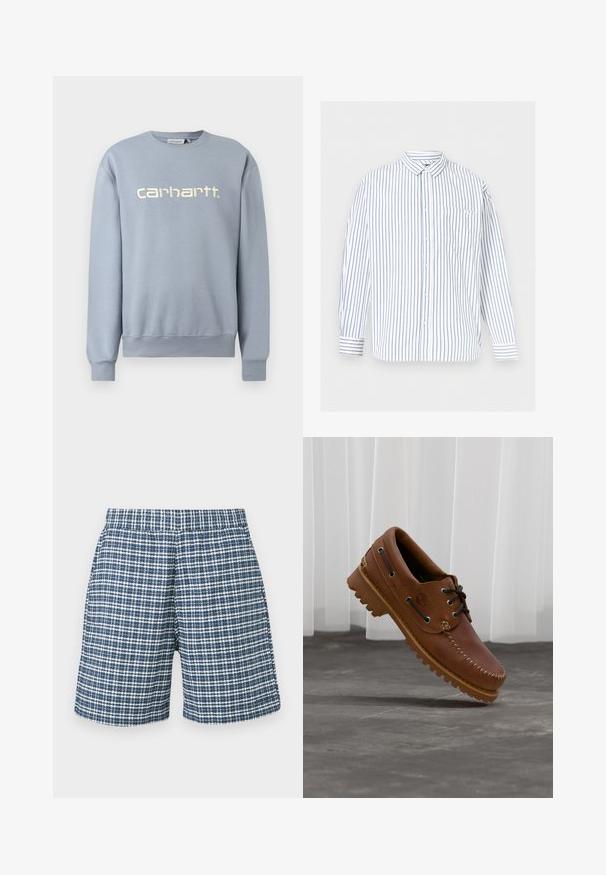 Sweatshirt Carhartt bleu clair à col rond, manches longues avec poignets et ourlet côtelés, arborant le nom de la marque brodé en blanc sur la poitrine.; Chemise blanche à manches longues avec des rayures verticales bleues et une poche poitrine, présentée sur un fond gris clair uni.; Shorts à carreaux bleus et blancs avec une taille élastique et une coupe droite, présentés sur un fond uni.; Chaussure de bateau en cuir marron avec des lacets noirs, des coutures beiges et une semelle robuste, suspendue au-dessus d'un sol en béton gris.
