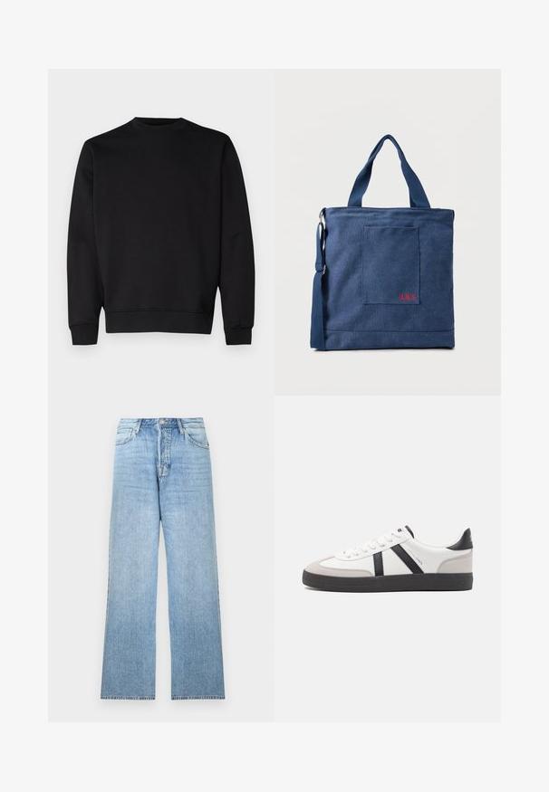 Sort sweatshirt lavet af blødt stof, med rund halsudskæring, lange ærmer og ribkant ved ærmerne og nederst for en tætsiddende look.; Lyseblå denimjeans med lige ben, lukning med øverste knap, fem-lommer-design og frynset kant.; Hvide sneakers med sorte og grå detaljer, med en tekstureret grå tåhætte, sort gummisål og flade hvide snørebånd. Rent design, minimalistisk stil.; Blå lærredstote taske med frontlomme og rød "O.N.S" broderi, med to håndtag og en justerbar skulderrem.