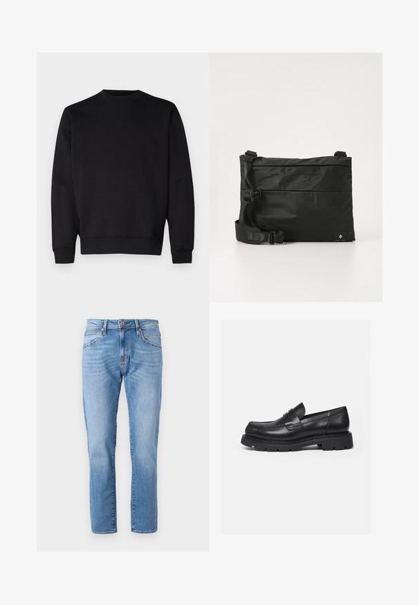 Sort sweatshirt lavet af blødt stof, med rund halsudskæring, lange ærmer og ribkant ved ærmerne og nederst for en tætsiddende look.; Lyseblå denimjeans med lige ben, klassisk fem-pocket design, subtilt slid og en kontrastknaplukning i taljen.; Sort læderloafer med tyk rillede sål og penny-remdetalje, vist i højre sideprofil på hvid baggrund.; Sort nylon messenger-taske med justerbar rem, fladt design og et sideetiket med et logo. Glat tekstur og minimalistisk stil.
