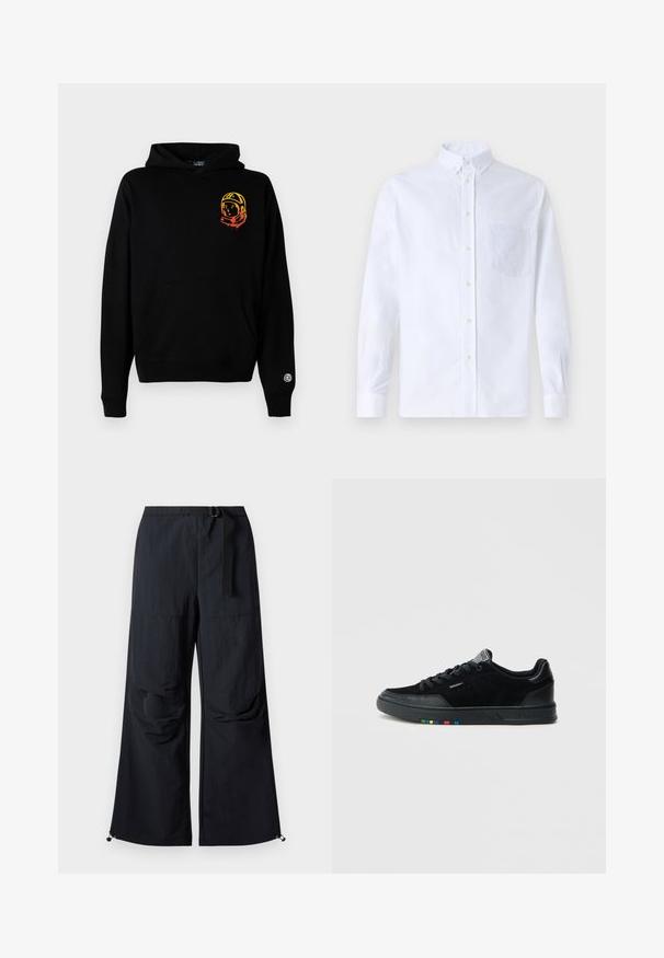 Schwarze Kapuzenjacke aus weichem Stoff, mit einer Vorderseite-Tasche, gerippten Bündchen und einem Astronauten-Graphic in Orange und Gelb auf der linken Brust.; Weißes Langarm-Hemd mit Knöpfen aus Baumwolle, ausgestattet mit einer Brusttasche mit tonalem Stickerei, einem Kragen und Knopfmanschetten.; Schwarze, weit geschnittene Hose aus leichtem Stoff. Verfügt über einen Gürtel, zwei große Seitentaschen und verstellbare Säume mit Kordelzug.; Schwarze Wildleder-Sneaker mit glatter Textur, ausgestattet mit einer schwarzen Gummisohle und mehrfarbigen Akzenten an der seitlichen Sohle.