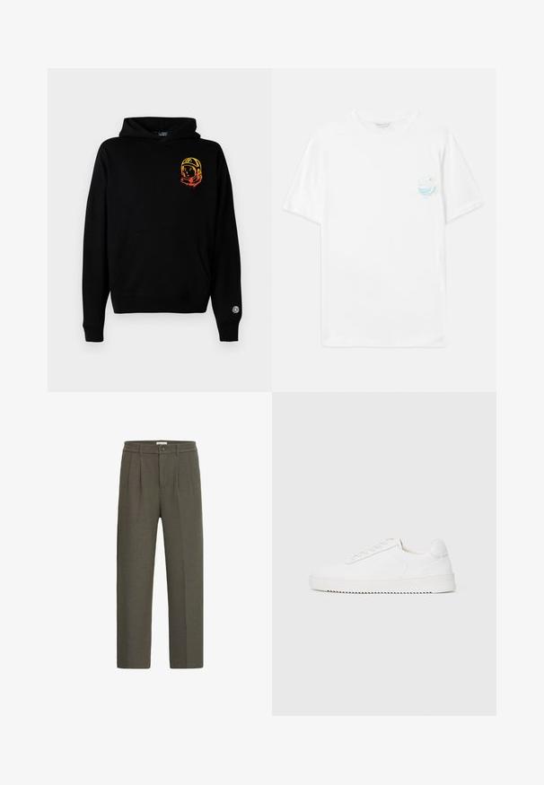 Sort hættetrøje lavet af blødt stof, med en frontlomme, ribbede manchetter og et astronautgrafik i orange og gul på venstre bryst.; Hvid bomulds t-shirt med korte ærmer, der har et lille flerfarvet grafisk print på venstre bryst, der viser bølger og teksten "Out of Plastic."; Oliven grønne højtaljede bukser med skræddersyet pasform, der har læg, lynlås og en enkelt knaplukning. Strukturert stof.; Hvid sneaker med en glat læderoverdel, rund tå, snørebånd, teksturerede sideaccenter og en tyk gummisål. Minimalistisk design.