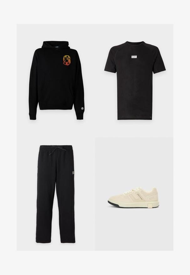 Musta kapuutsiga särk, mis on valmistatud pehmest kangast, ees oleva tasku, soonikute ja vasakule rinnaosale trükitud oranzh-kollase astronaudi graafikaga.; Must lühikeste varrukatega t-särk, millel on peen toon-toonis muster ja väike valge EA7 logo rinnal. Valmistatud kergest, hingavast kangast.; Mustad dressipüksid elastsest vöökohast ja nööriga, millel on väike ristkülikukujuline EA7 logo vasaku reie ülaservas.; Beezh nahkkast ülaosaga ja sooniliste detailidega tennissuss. Valged paelad, peen bränding küljel ning musta kummist tald.