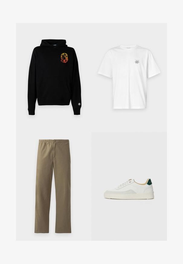 Schwarze Kapuzenjacke aus weichem Stoff, mit einer Vorderseite-Tasche, gerippten Bündchen und einem Astronauten-Graphic in Orange und Gelb auf der linken Brust.; Weißes T-Shirt aus Baumwolle mit kurzen Ärmeln, Rundhalsausschnitt und kleinem grauen Logo auf der linken Brustseite. Glatte Textur.; Khaki-Hosen aus leichtem Stoff. Mit einem elastischen Bund, einem Knopfverschluss, geraden Beinen und einer glatten Textur.; Weiße Sneaker mit Wildlederelementen, runder Zehenpartie, flachen Schnürsenkeln und einer cremefarbenen Gummisohle. Mit grünen Markenlogo am Fersenbereich.